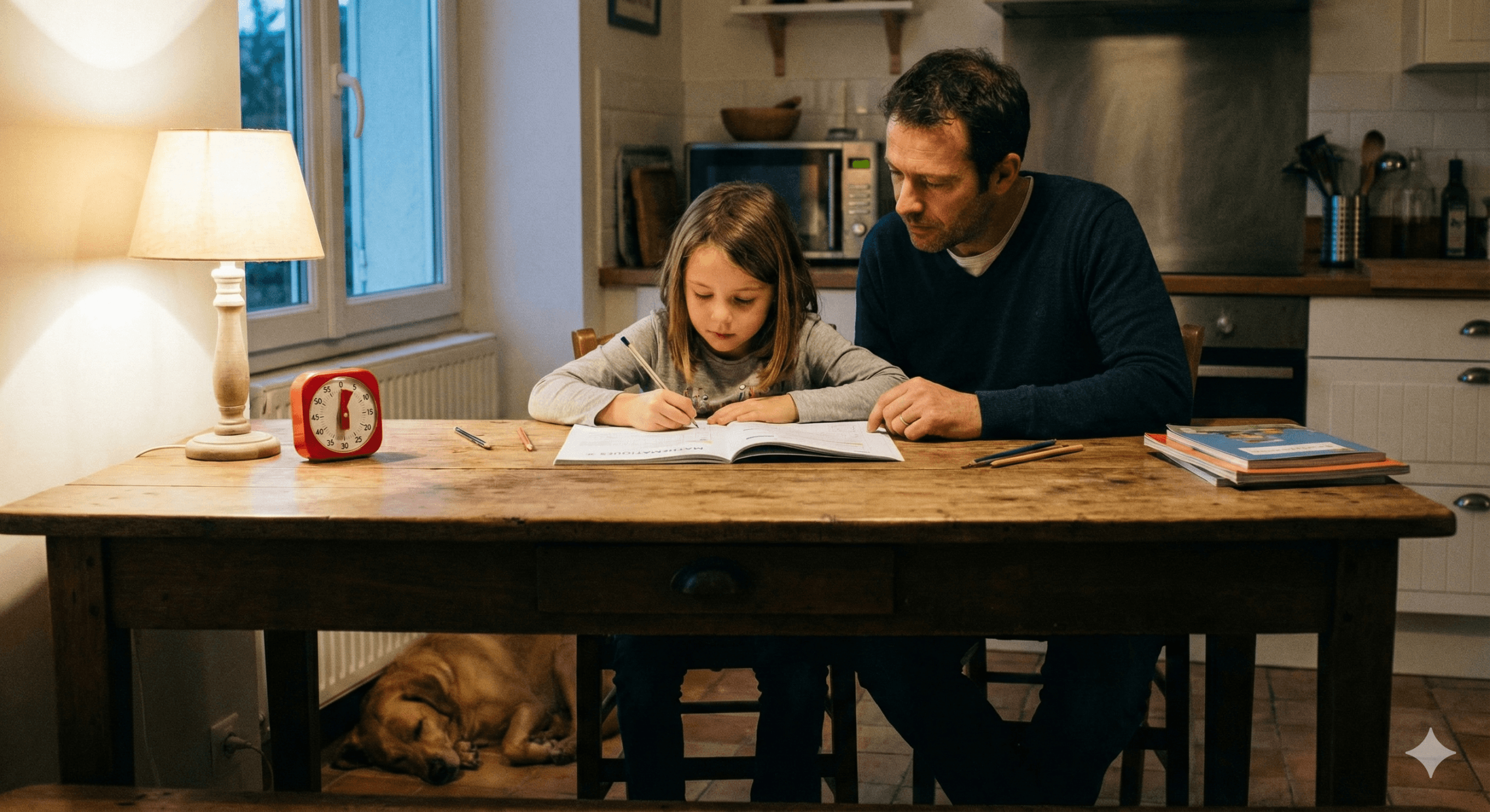 Organisation des devoirs primaire, Parent québécois qui aide son enfant du primaire à s’organiser pour les devoirs en 15 minutes à la maison.