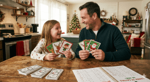 Parent et enfant québécois jouant à un jeu mathématique de Noël avec cartes et billets de 1 dollar sur la table.