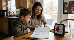 méthode de révision primaire 3-2-1 avec parent et enfant qui révisent français et maths à la maison